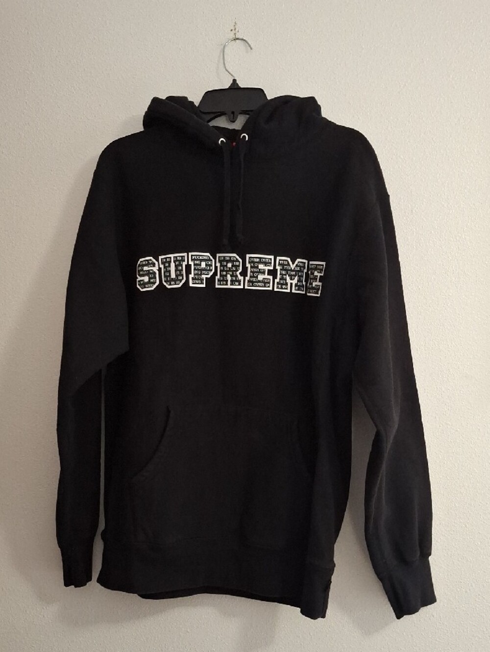 Supreme Black Pullover Hoodie with White Patterned Logo Size Large